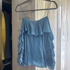 Blue ruffle sleeve lightweight blouse